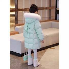 秋冬新款童装女童中长款大毛领棉服加厚保暖羽绒棉衣外套紫色