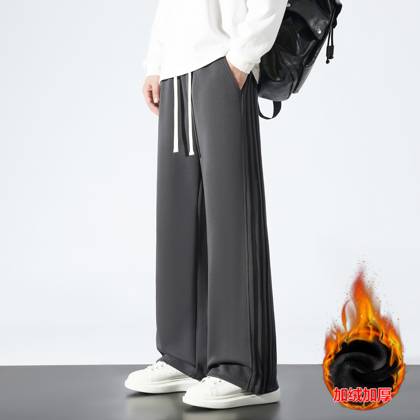 Transfronterizo de moda deportiva americana con pantalones de terciopelo, pantalones casuales rectos sueltos, primavera, otoño y invierno, pantalones grises de tres tiras image 12