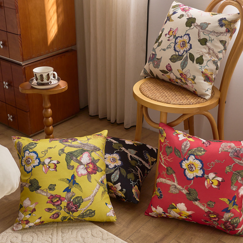 New Chinese Style Pillow Case Flower and Bird Printing Cotton Linen Style Redwood Sofa Decorative Pillow Soft Bag Back Cushion Living Room Pillow