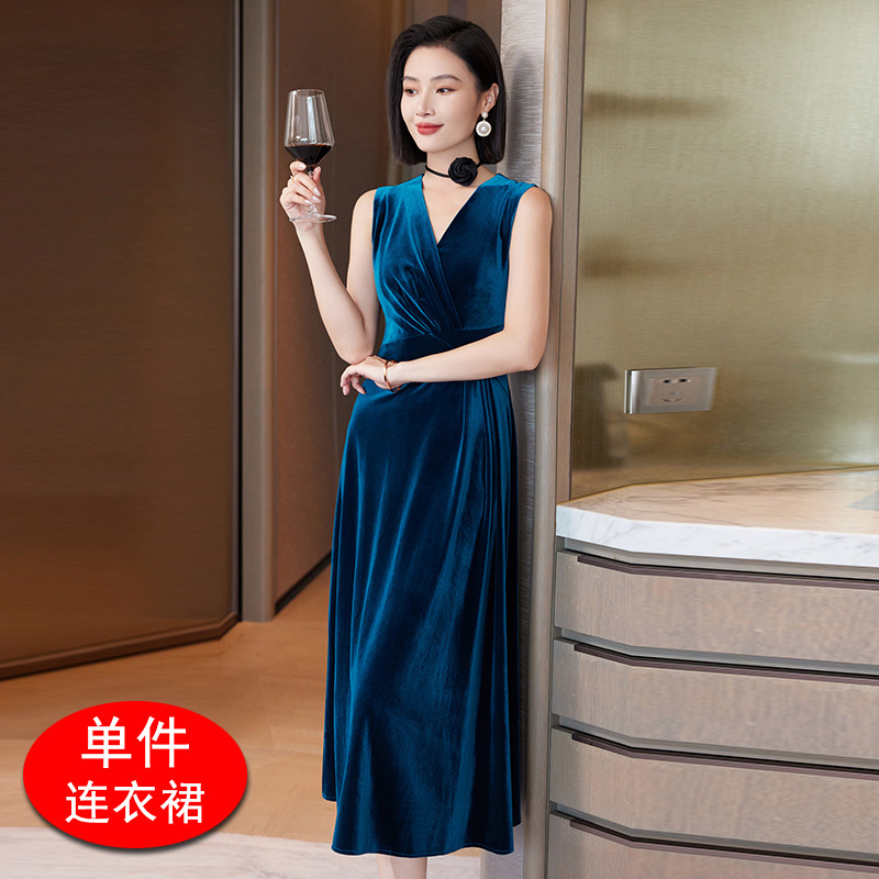 时尚蓝色休闲法式无袖连衣长裙子秋季女小个子高级感收腰女装6150|undefined