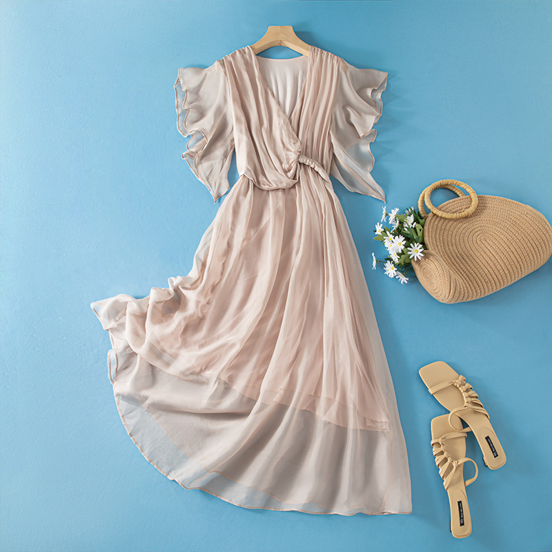 French-Style Vintage Lazy Style V-Neck Batwing Sleeve Silk Dress Summer Solid Color Women's Waist-Cinching Long Silk Dress