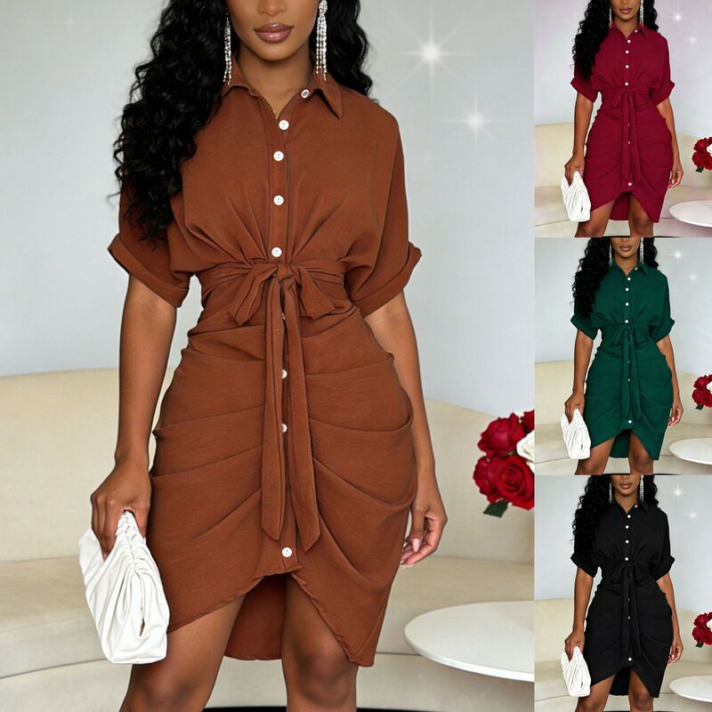 2026Ebay Amazon Wsih Hot-Selling Short-Sleeve Waist-Cinching Slimming Irregular Pleated Shirt Dress