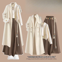 秋冬穿搭宽松独特超好看毛呢韩系大衣配针织毛衣百搭咖色裤裙套装