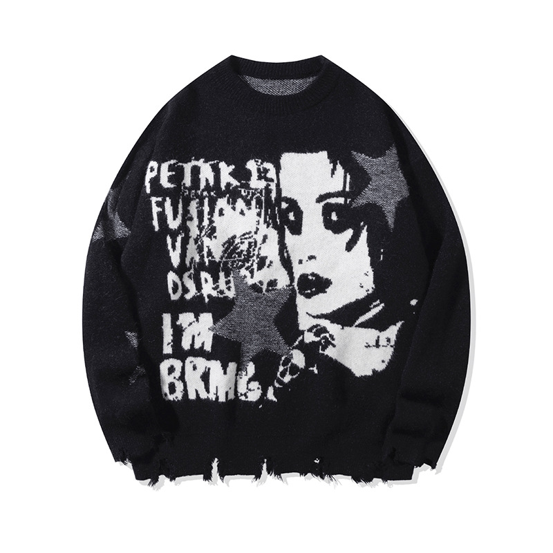 Europa y los Estados Unidos y2k suéter callejera hip-hop casual camisa de punto suelta de cuello redondo chaqueta de cabeza image 6