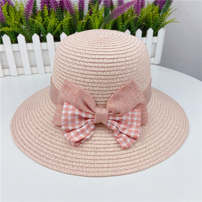 Women'S Gender Korean Summer Plaid Bow Straw Fisherman Hat Shade Travel Straw Hat
