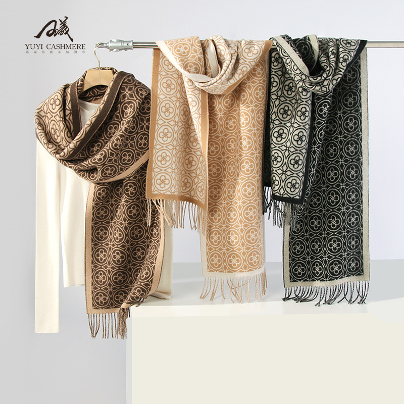 New Lamb Wool Slub Double-Sided Jacquard Scarf Winter Warm Wool Jacquard Long Scarf Thick Flower Scarf for Women New Lamb Wool Slub Double-Sided Jacquard Scarf Winter Warm Wool Jacquard Long Scarf Thick Flower Scarf for Women
