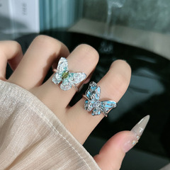 幻蝶轻舞冰川蓝滴釉双层立体蝴蝶开口戒指女清冷简约时尚轻奢指环