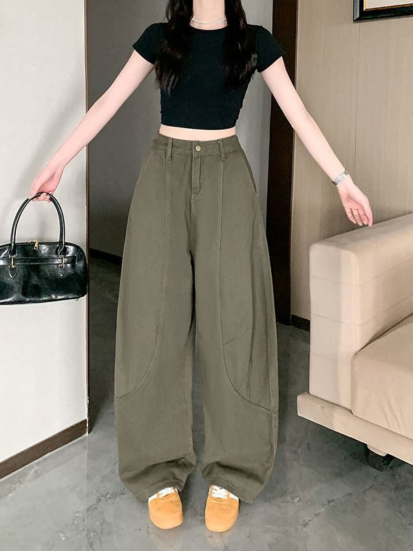 女性用のレトロなアーミーグリーンのスナイパーパンツのリアルショット、春と秋の新しいスタイルのリラックスしたシルエットのルーズデニムオーバーオールロングパンツ|undefined