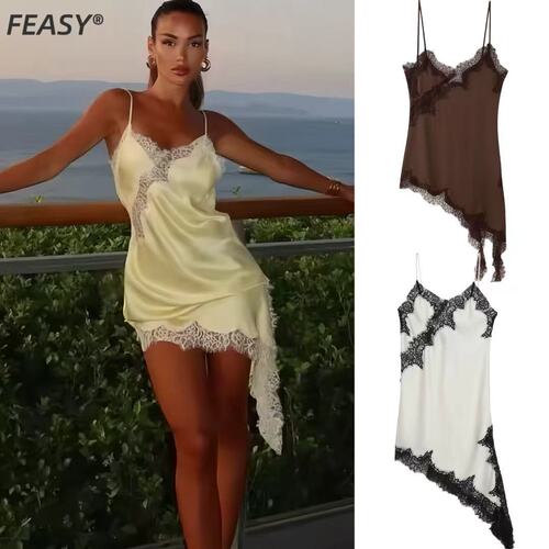 Hot-selling European and American-style women's coat: ZA irregular lace-trimmed, alluring one-piece dress