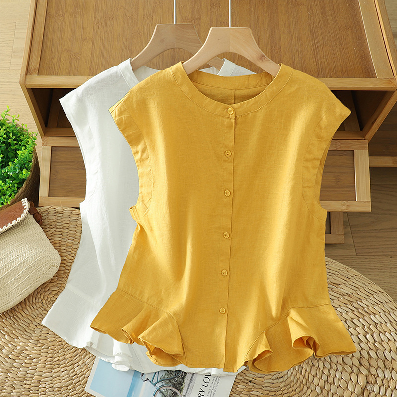 2025 New Lively and Playful ~ Breathable Full Linen/Lace Hem Shirt Slimming Look Single-Breasted Vest White Yellow