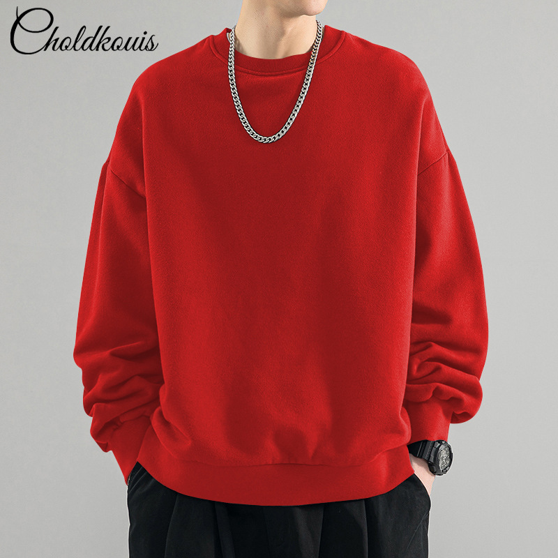 빅 레드 라운드넥 스웨트셔츠 레귤러 스타일 - 솔리드 컬러 [GL]