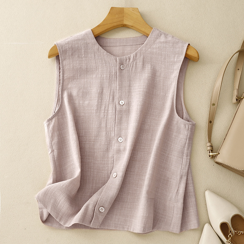 Cotton Linen Light Pink Shirt Vest Women's Summer Loose Cotton Linen Sleeveless Cotton Linen Top