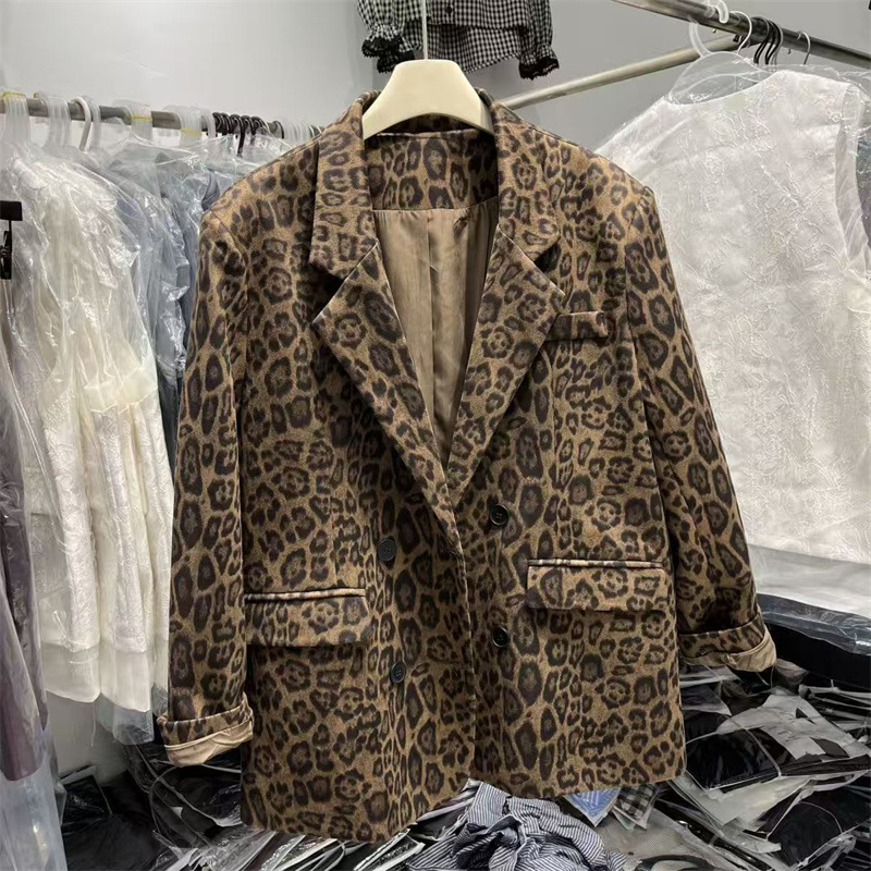 European Fashion Leopard Print Blazer for Women 2026 Autumn New Style Elegant Korean Version Double-Breasted Mid-Length Suit Trendy