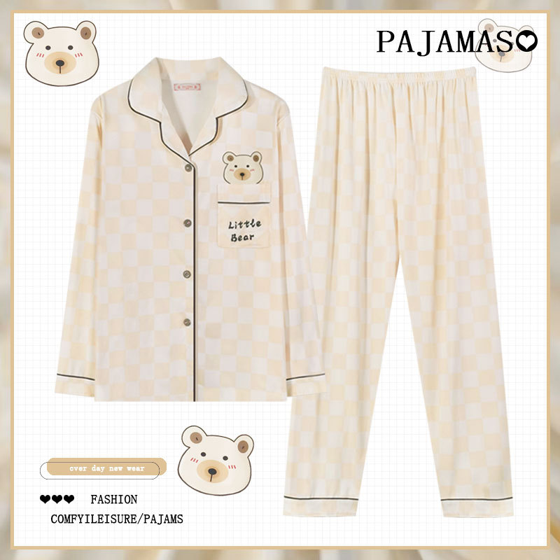 Pijamas a cuadros de algodón para mujer primavera y otoño 2025 nuevo estilo lindo traje de servicio a domicilio de manga larga de perro de pudín estilo ins