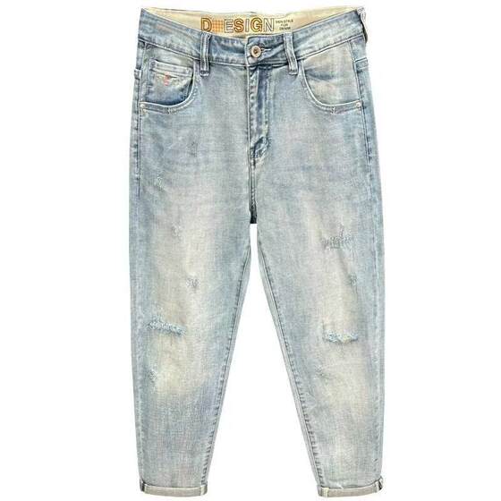 Tapered High-end Cropped Jeans Men's Skinny Pants Vintage light blue Ruffian Handsome Scratched Spring and Summer Thin Cropped Cropped Pants Handsome