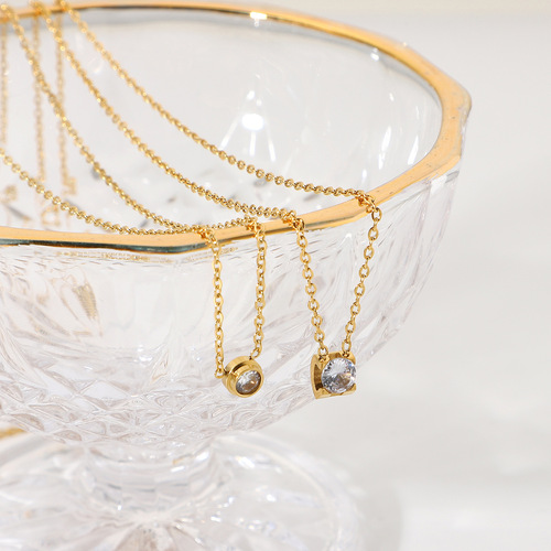 Minimalist Diamond Necklace with Round and Rectangle Design, 18K Gold, Exquisite Chain, Stainless Steel Pendant for Women
