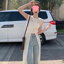 夏季新款法式镂空背心针织衫裙女韩系薄款外搭不规则罩衫叠穿上衣