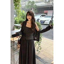 实拍~早秋慵懒甜美针织开衫配碎花背心+高腰A字半身裙三件套装女