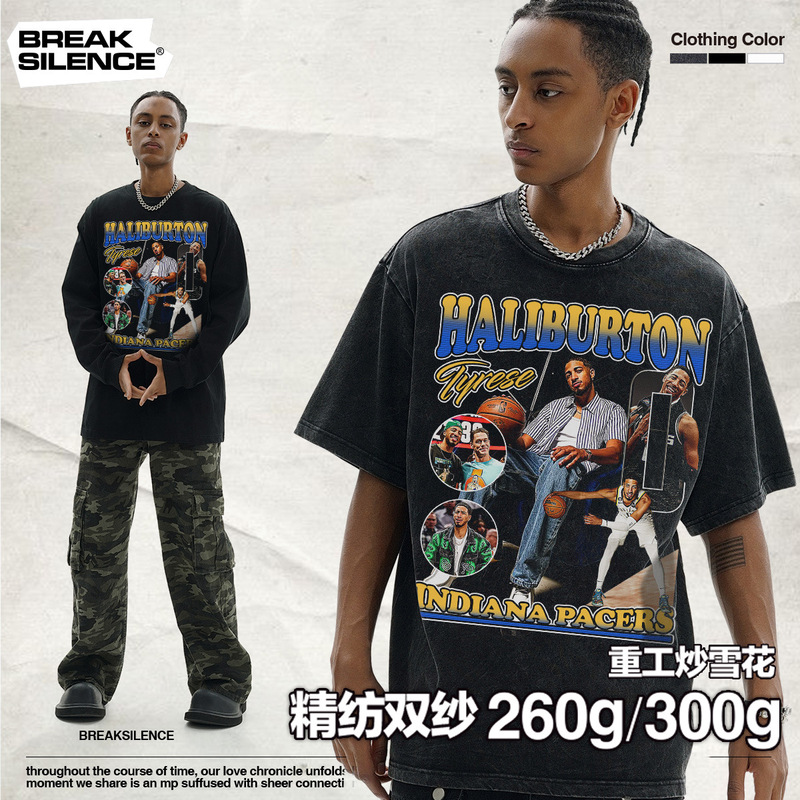 Halliburton Pacers Heavy Cotton Teenagers Short-sleeved T-shirt Men's Cross-border Washed Old UV Printing Trendy Brand