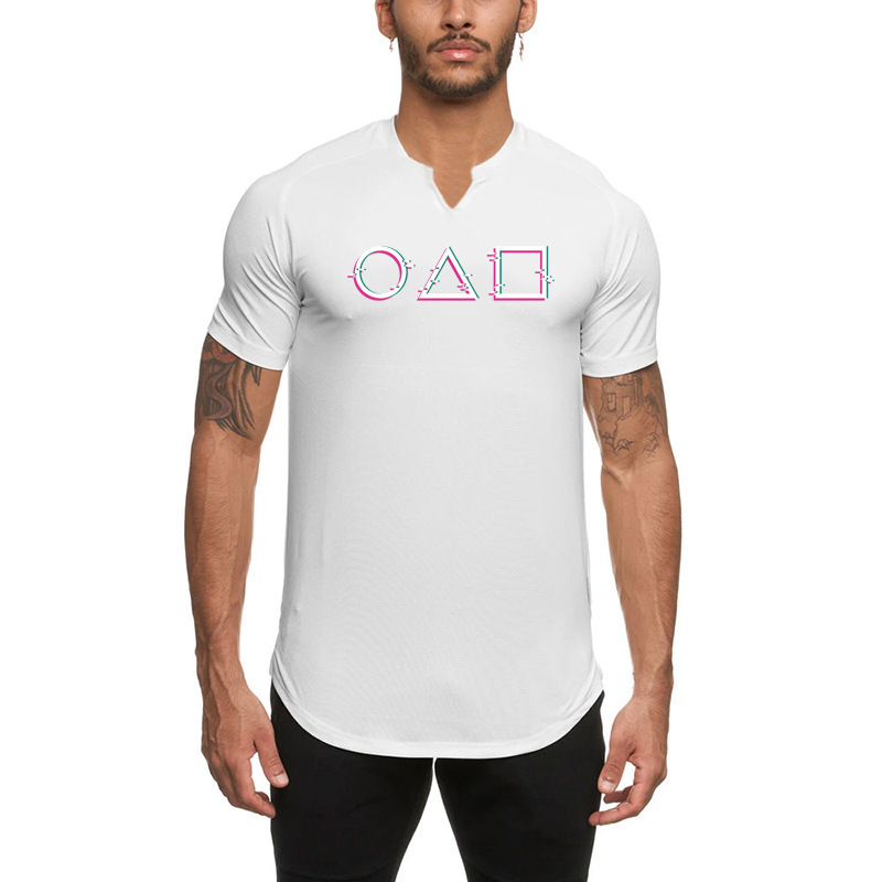 Men's V-neck short-sleeved summer muscle graphic milk silk top trendy casual T-shirt American slim fit muscle show