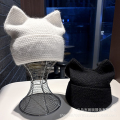 新しい手作りかわいい猫耳毛糸帽子供秋冬保温ニット帽