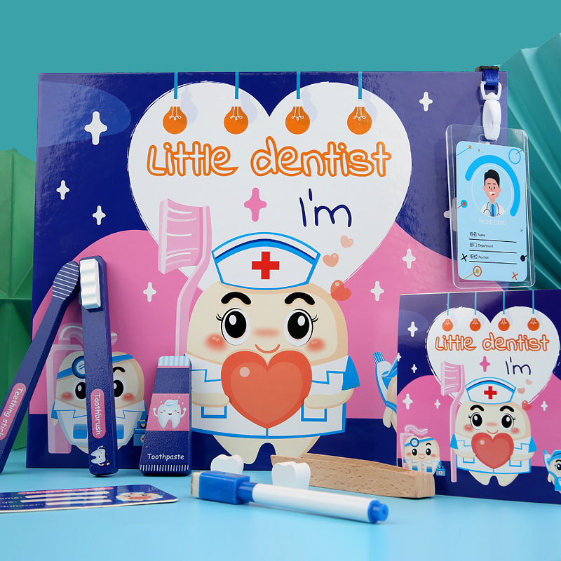Simulación de madera para niños Juego de dentista pequeño Juego de cepillado de dientes para bebés, cuidado de dientes, educación temprana, juguete para médicos pequeños