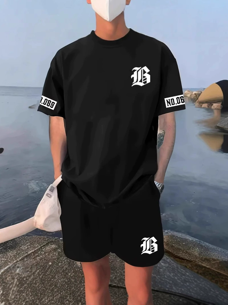 Мужской комплект из шортов и футболки, европейский стиль, надпись буква, short sleeve (2‑предметный)
