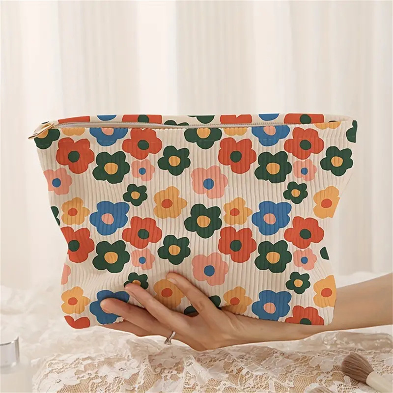 Shein Amazon Tem Colorfulful Small Floral Corduroy Zipper Storage Bag Lightweight Cosmetic Bag Cross-Border