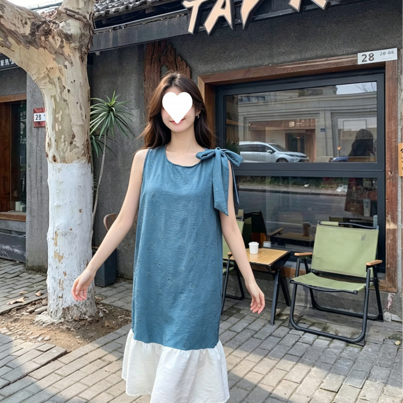 Contrast Color Patchwork Sleeveless Vest Dress for Women, Summer Lake Blue Jacquard Pattern, Tie-Up Loose Fit, Petite Slimming Short Dress