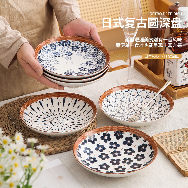 Vintage japonés de 8 pulgadas de profundidad esmaltado plato de color de alta cara plato de filete plato de ensalada
