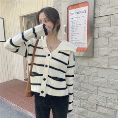 条纹毛衣外套女2025春秋新款日系甜美温柔风娃娃领小个子针织开衫