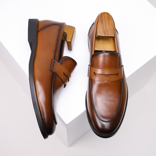 Summer Men's Genuine Leather Penny Loafers, Business British Leisure Shoes, Black, One-Piece, Beanpole Shoes, Large Size