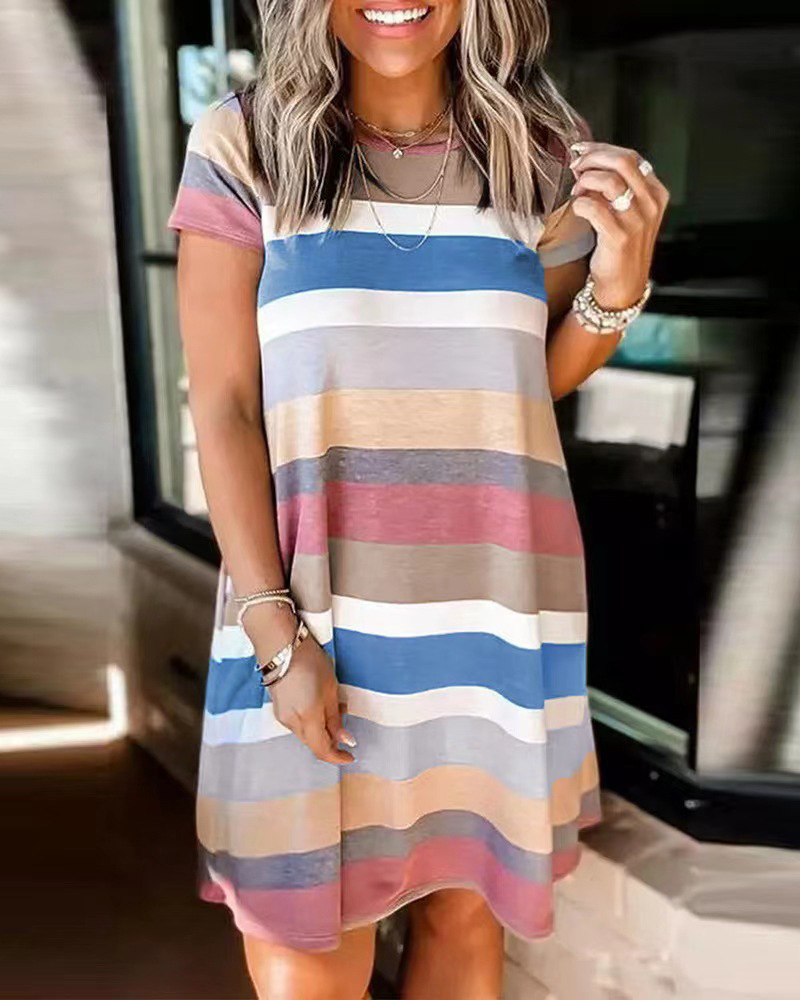 2023 Sommer-Damenkleid mit lockerem Streifendruck und kurzen Ärmeln_voghion.com