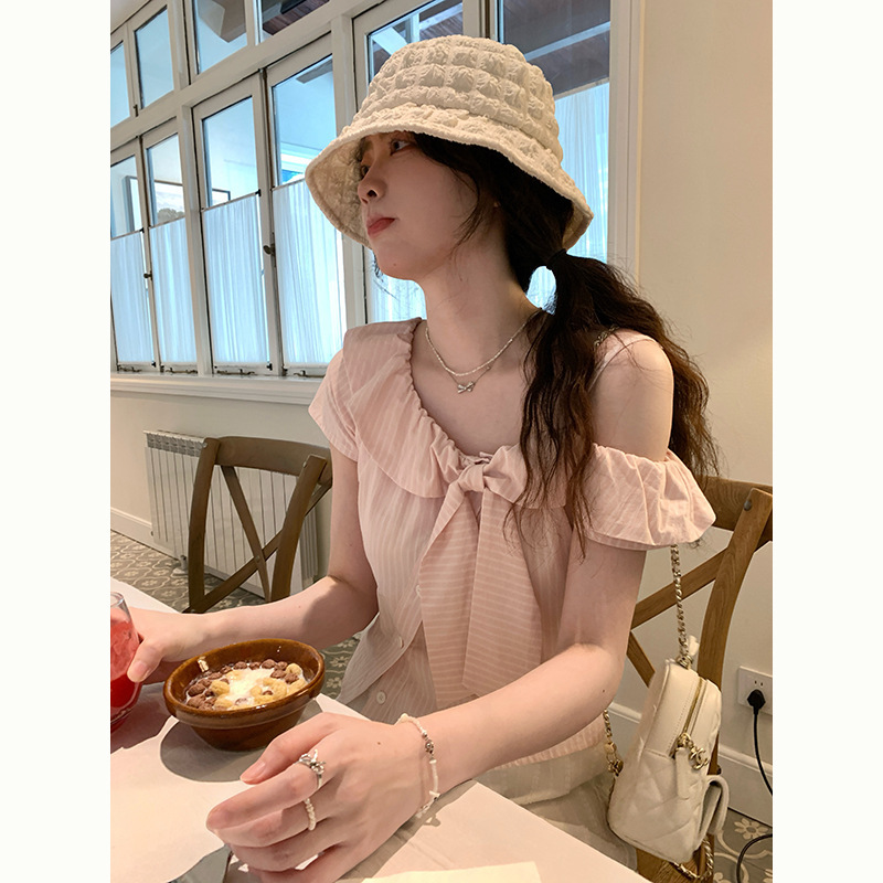 PtonUmi 樱花盐汽水 粉色条纹露肩短袖衬衫女夏季蝴蝶结短袖上衣|undefined