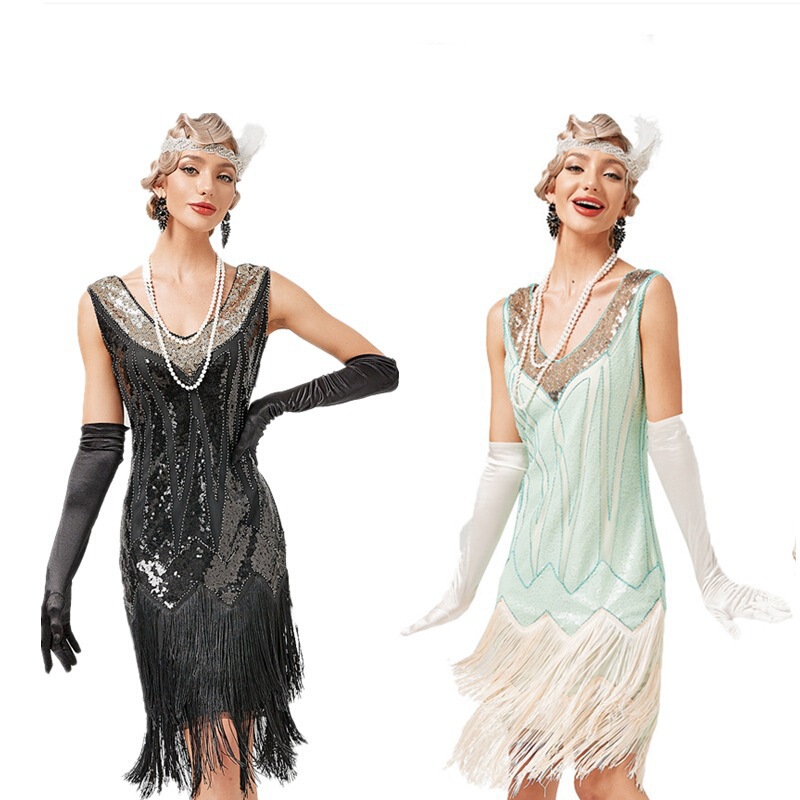 European and American Retro 1920S Retro V Neck Tassel Skirt Gatsby Banquet Latin Dance Ball Sequin Beaded Dress European and American Retro 1920S Retro V Neck Tassel Skirt Gatsby Banquet Latin Dance Ball Sequin Beaded Dress