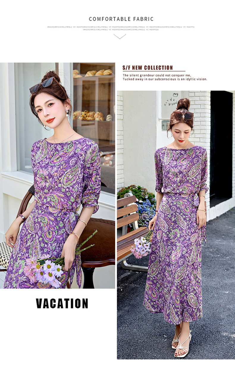 Đầm maxi nữ thắt eo in họa tiết hoa thanh lịch mùa hè 2025 — Cam hoa, Hoa tím, Hoa sọc, Hồng hoa tím chi tiết 23