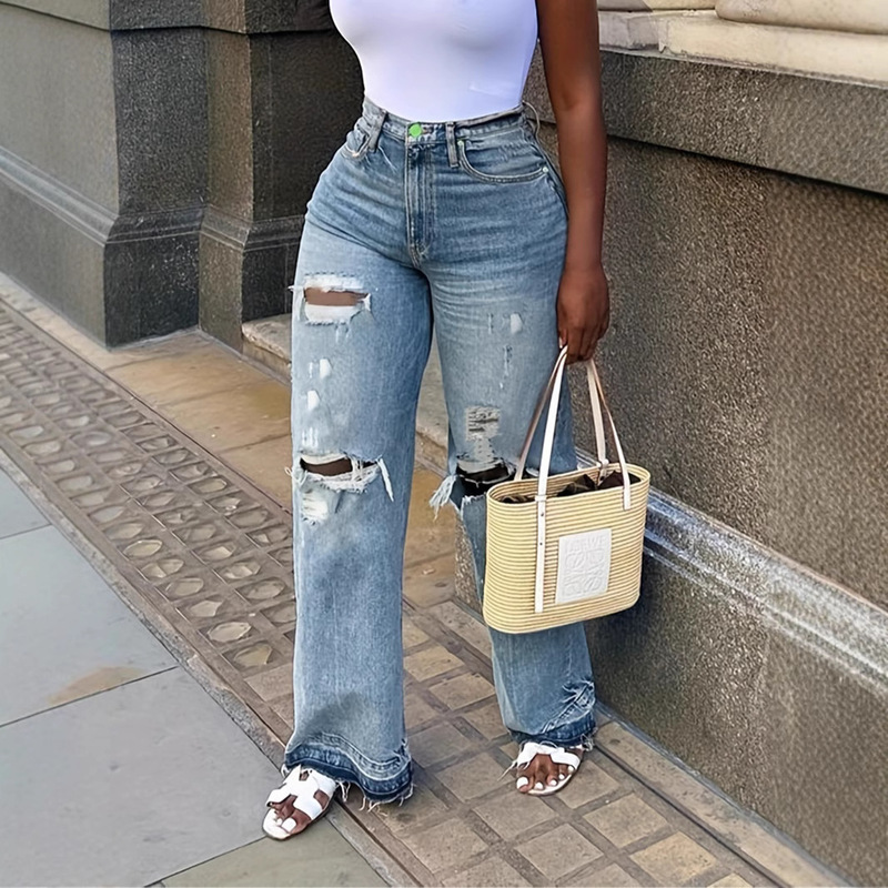American-Style Light-Colored Washed Ripped Jeans for Women, American-Style Loose Straight Casual Wide-Leg Pants, European Size American-Style Light-Colored Washed Ripped Jeans for Women, American-Style Loose Straight Casual Wide-Leg Pants, European Size