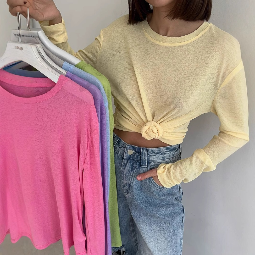 2025 New European and American Style Long-Sleeved Snowflake Pattern T-Shirt Women's Summer Thin Flesh-Transparent Round Neck Loose Elegant Bottoming Shirt