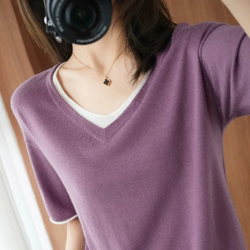 Летняя тонкая свободная универсальная верхняя одежда из ледяного шелка, Облегающая рубашка контрастного цвета с V-образным вырезом и короткими рукавами, облегающая универсальная верхняя одежда, Вязаный топ из ледяного шелка