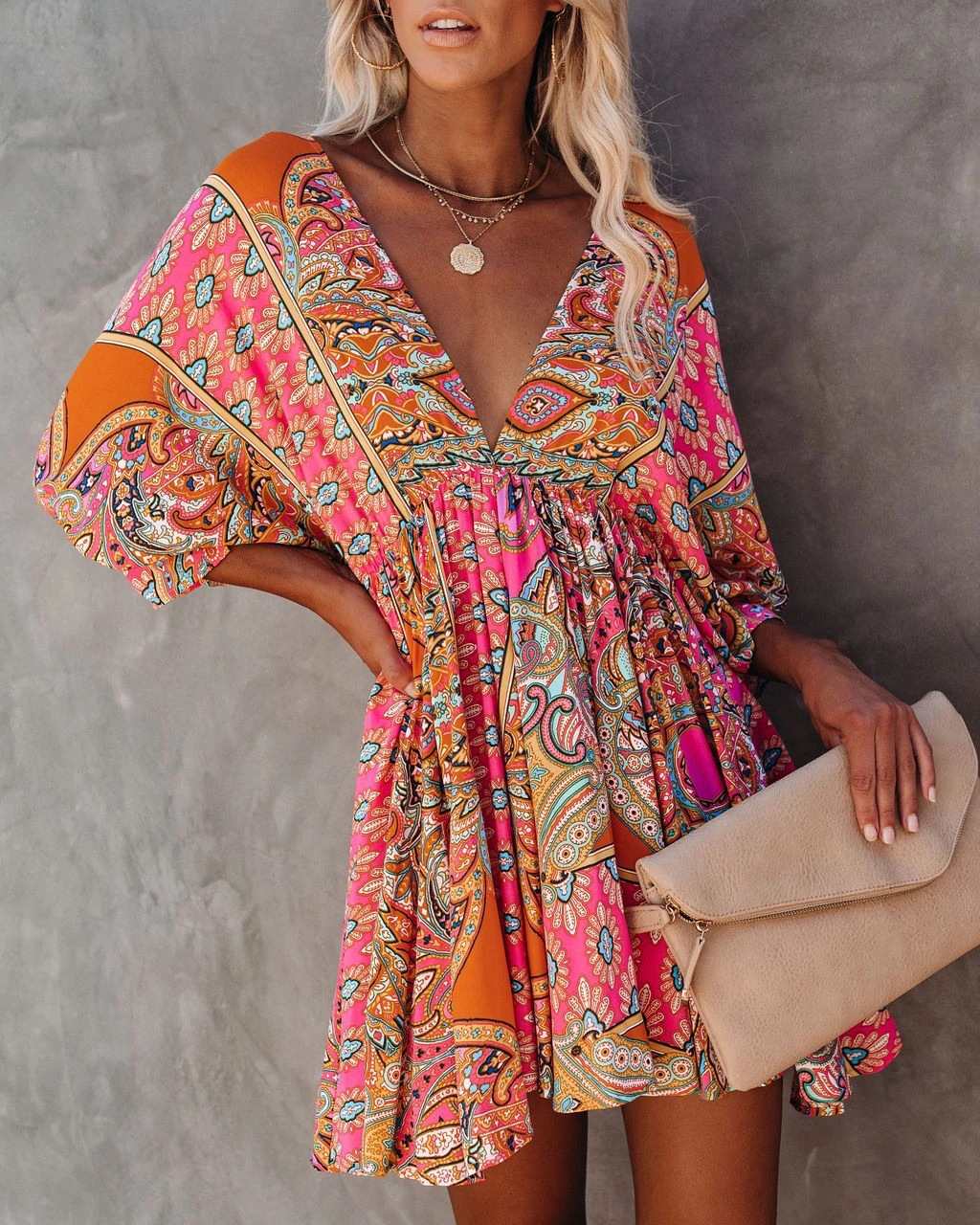 V-Neck Printed Bohemian Dress NSHMP106460