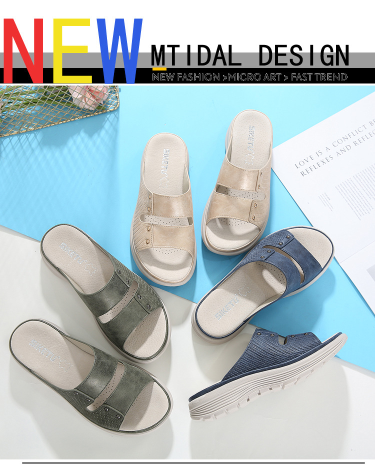 Sandal nữ đế xuồng da thật mùa hè 2026, phong cách thể thao đính đinh, size lớn — Màu xanh lam, Siêu nhẹ/thoải mái/chống trượt/sau khi bán lẻ, Màu xanh lá, Màu mơ chi tiết 1
