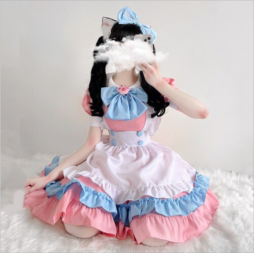 S-4XL plus size maid outfit, super cute big bow Lolita dress, women's clothing boss pink and blue cute dress