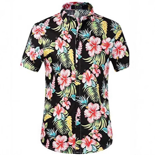 Summer 3D printed short-sleeved flower shirt, men's retro Hawaiian beach casual loose men's large size shirt