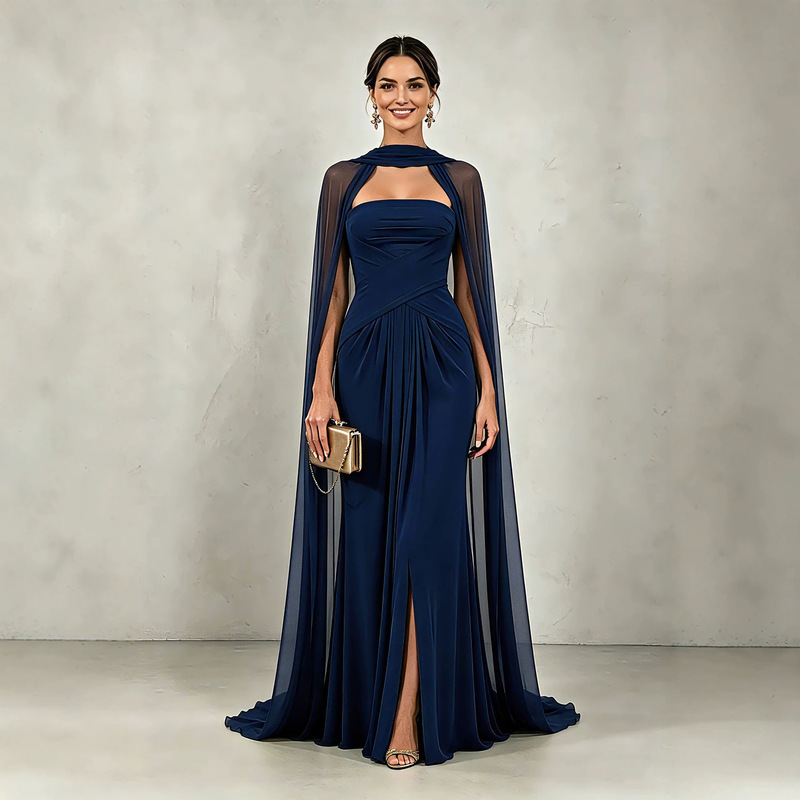 Independent Brand Cross-Border European and American Style Chiffon Evening Dress, New Elegant Draped Shawl with High-End Feel and Slit Long Skirt Independent Brand Cross-Border European and American Style Chiffon Evening Dress, New Elegant Draped Shawl with High-End Feel and Slit Long Skirt