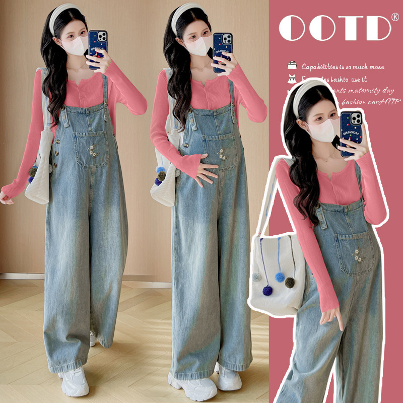 Maternity Wear Spring & Fall Suit 2025 New Denim Overalls Large Size Loose Wide Leg Pants Age-Reducing Western Style Two-Piece Set Maternity Wear Spring & Fall Suit 2025 New Denim Overalls Large Size Loose Wide Leg Pants Age-Reducing Western Style Two-Piece Set