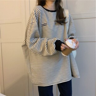 2021 Pregnant Women's Autumn Top Fashionable Loose Pregnant Women's T-shirt Long Sleeve Mid-length Striped Base Shirt Spring and Autumn