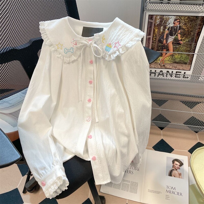 Japanese-Style Soft Girl Cute Doll Collar Lace Trim Shirt Women's Spring and Autumn Petite Vintage Inner Wear Long-Sleeve Top Japanese-Style Soft Girl Cute Doll Collar Lace Trim Shirt Women's Spring and Autumn Petite Vintage Inner Wear Long-Sleeve Top