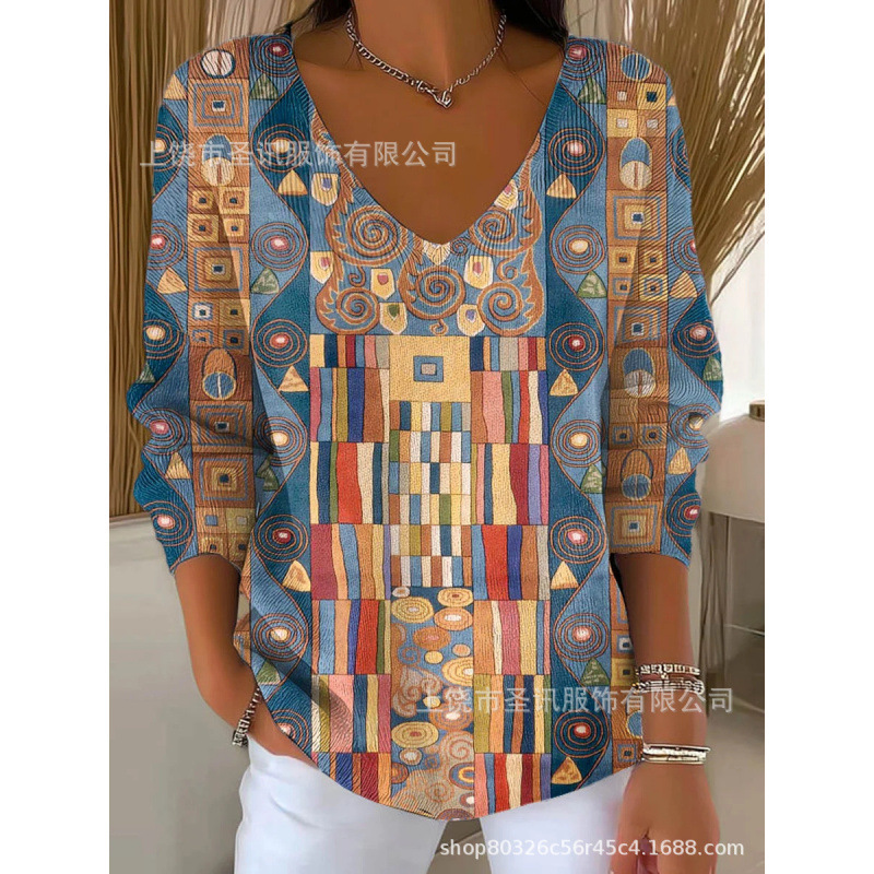 欧美跨境独立站新款3D印花女士时尚渐变色V领长袖T恤上衣|undefined