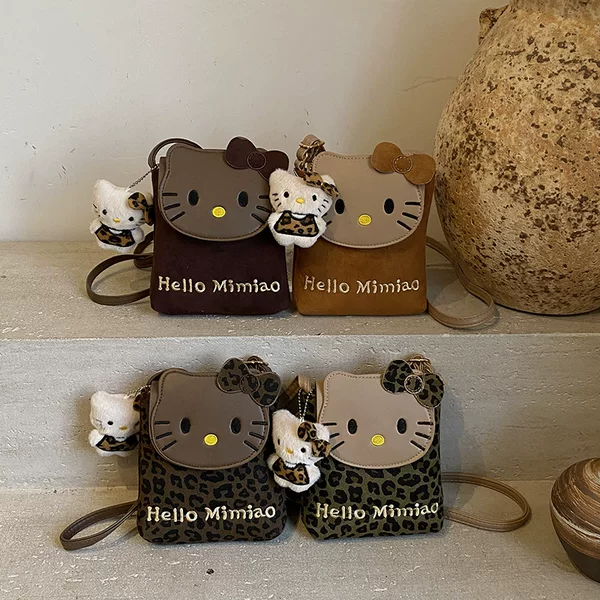 Cross-Border Mobile Phone Bag for Women 2025 New Cute Girl Retro Leopard Print Cat Kidsren's Style Girl Crossbody Bag