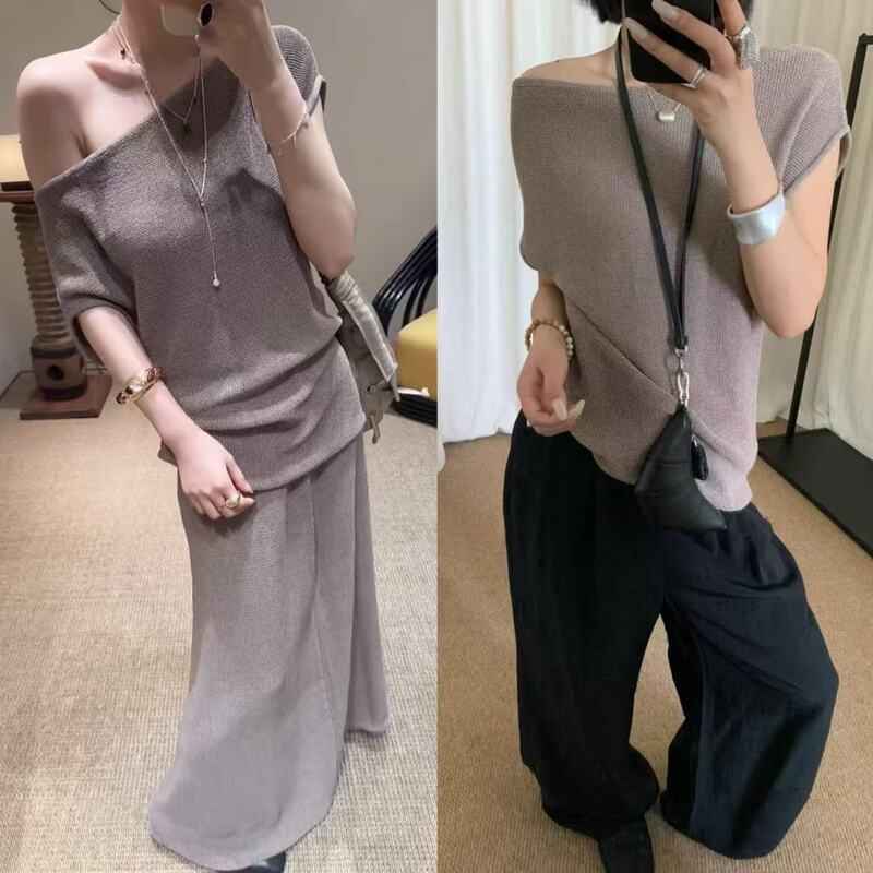 [Featured Recommendation] Yuran 26 Early Spring New Style in Japanese Paper Yarn Off-Shoulder Raglan Top and Elastic Waist Skirt Set